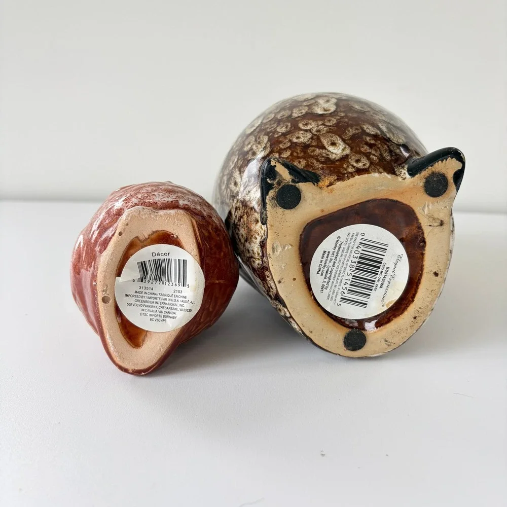 Ceramic Owl Vase and Greenbrier Owl Figurine Set